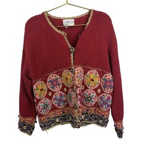 Jennifer Reed Knitted‎ by Hand Ramie Cotton Red Beaded Cardigan Size Large 90s